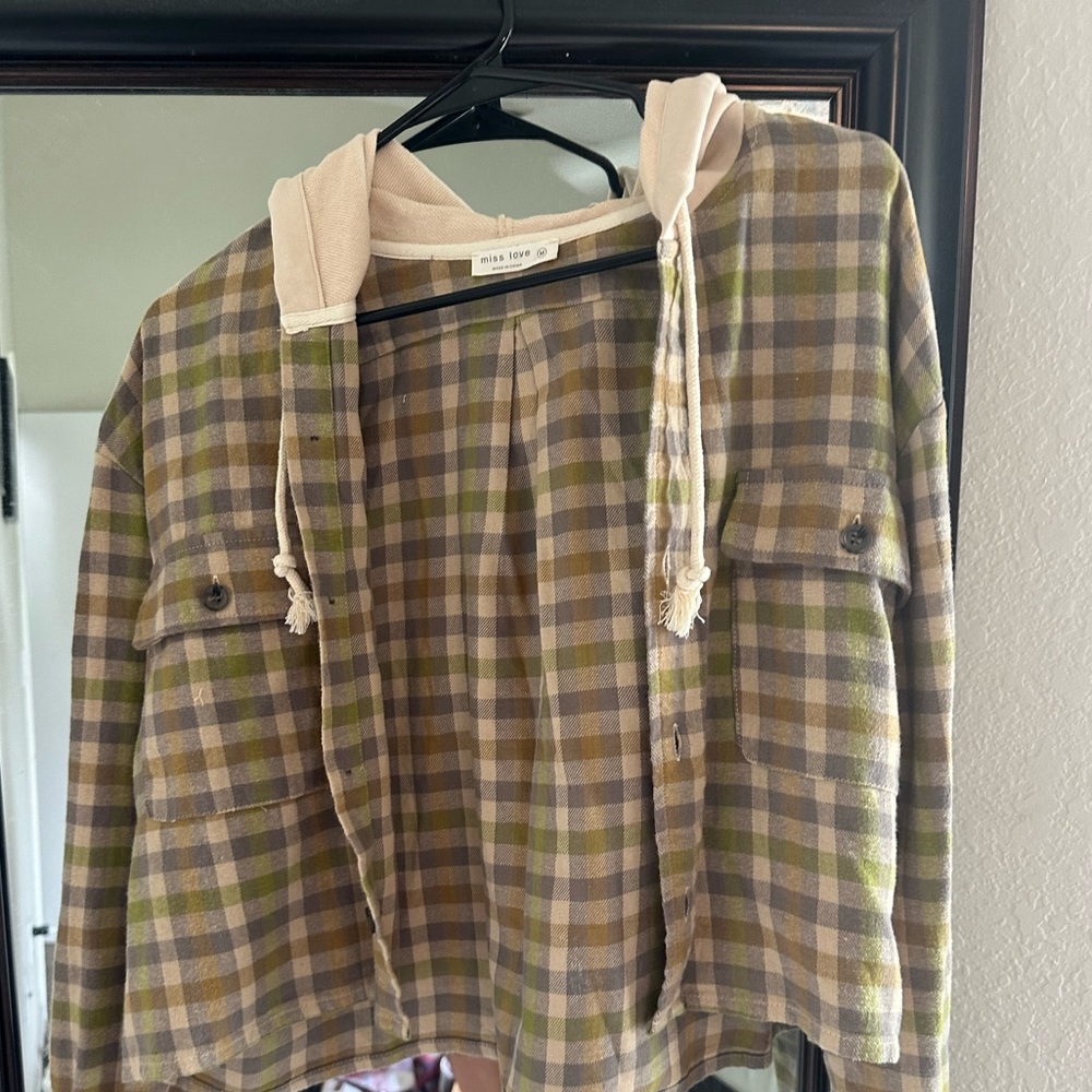 Boutique Hooded Crop Plaid Botton Down WORN ONCE